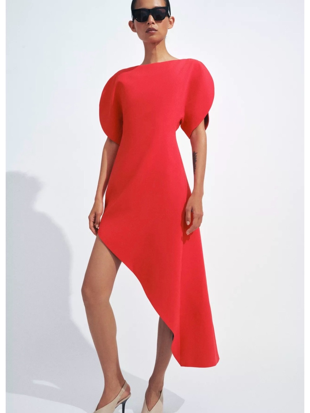 Zara Red Asymmetric Puff-Sleeve Dress